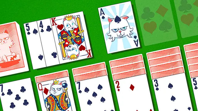 Klondike Solitaire game in progress with cards arranged across tableau, foundation, and waste pile